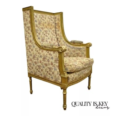 Antique French Louis XVI Victorian Gold Gilt Wood Wing Back Bergere Arm Chair