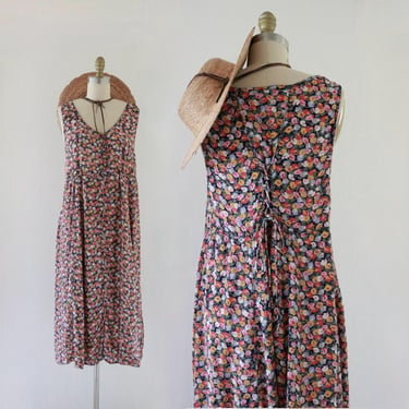 floral button dress - m - vintage 90s cottage cottagecore dark flower medium tie back long rayon minimal dark flowers 