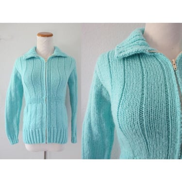 Vintage Zip Up Cardigan Sweater - Pastel Blue Knit with Pockets - Handmade Grandma Style Cozy Thick Jumper - Size Small S 