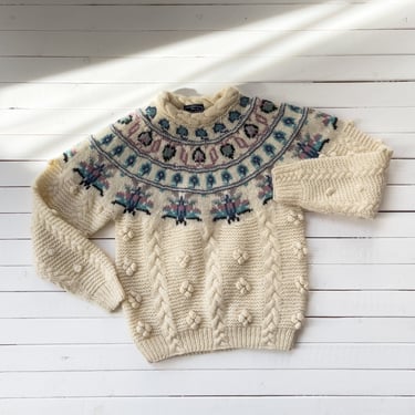 Fair Isle sweater 80s 90s vintage Woolrich cream wool pompom embroidered sweater 