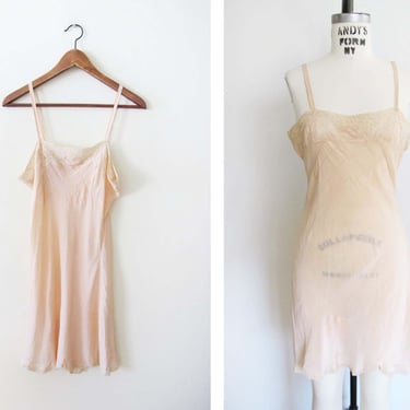 Vintage 20s Blush Pink Nude Silk Nightie S M  - 1920s Lace Trim Lingerie Short Slip Dress - Boudoir Grunge Pin Up 