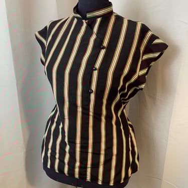 Striped Blouse Top 1970s Vintage Black Orange Brown Asymmetrical Hippie Preppy M 