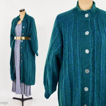 1980s Green Knit Sweater Coat | 80s Aqua Knit Sweater Coat | Green Acrylic Sweater Coat | Angenie | Large 