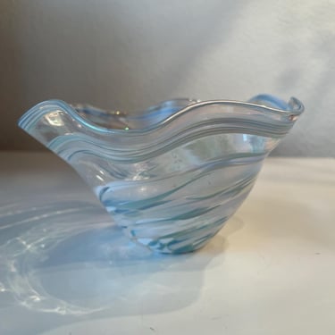 Glass Eye Studio Hand Blown Art Glass Bowl Ruffled Edge Iridescent swirl | Pearlescent Riffled Glass Bowl | GES Glass Decorative Bowl 