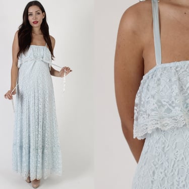 All Over Lace Shoulder Tie Wedding Dress, Vintage 1970s Long Blue High Waist Bridal Maxi 