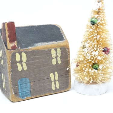 Vintage Toy Wooden House, Hand Made of Wood and Hand Painted Toy, Decorated Sisal Tree 