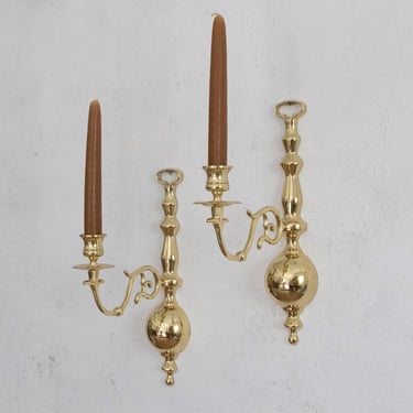 Polished Brass Pair of Wall Sconces, Vintage Candlestick Holder Sconces for Taper Candles 