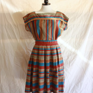 80s Two Piece Dress Warm Autumnal Stripe Cap Sleeve Size M 