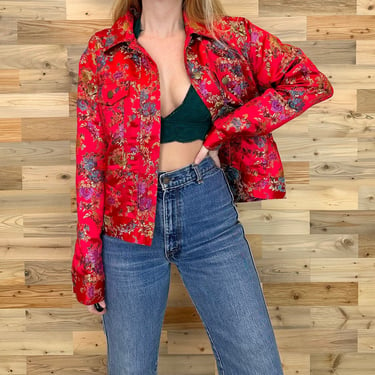 Vintage Red Satin Floral Button Front Trucker-Style Jacket 