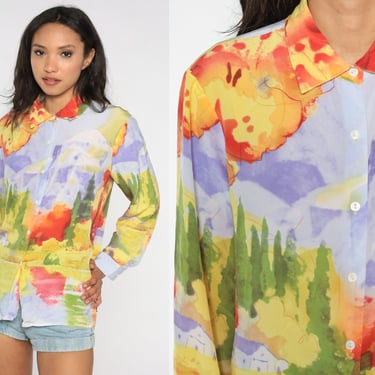 Silk Watercolor Blouse 80s 90s Button Up Statement Shirt House Forest Mountain Print Long Sleeve Top Painting Artsy Vintage Bohemian Large L 
