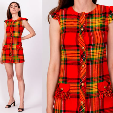 70s Red Plaid Fringe Pocket Mini Dress XXS | Vintage Button Up Cap Sleeve Retro Shift Dress 