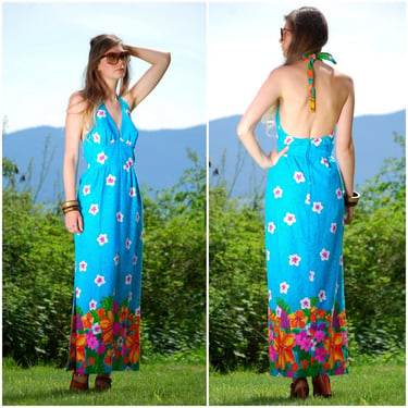 60s Hawaiian Dress, Psychedelic Floral Cotton Maxi Halter Dress 