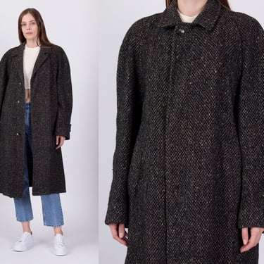 80s Wool Tweed Overcoat - Men's Medium | Vintage Dark Grey Oversize Long Button Up Winter Jacket 