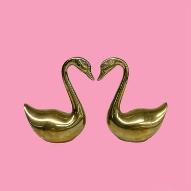Vintage Swan Statues Retro 1970s Gold Metal + Paperweights + Figurines + Set of 2 + Mid Century Modern + Home and Shelving Decor 