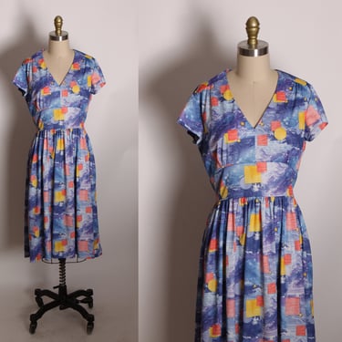 1970s Blue Novelty Wave Sea Geometric Print Short Sleeve Polyester Dress -M 
