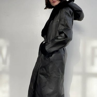 Black Leather w/Faux Fur Hooded Maxi Coat (M)