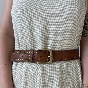 Vintage Womens Brown Leather Studded Boho Solid Brass Buckle Belt Sz L 