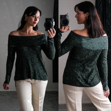 Vintage DONNA KARAN Black Label Forest Green Sequined Cashmere & Silk Off the Shoulder Sweater Top | Cashmere/Silk | Y2K DKNY Designer Top 