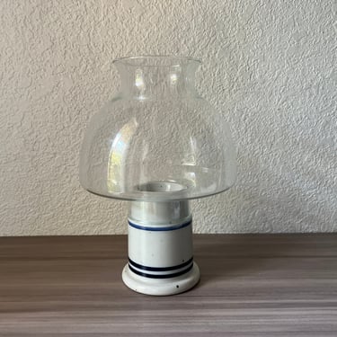 Vintage Dansk Ceramic Hurricane Lamp Candle Holder with Glass Globe, Blue and White, NR, Niels Refsgaard, Danish Modern Design 