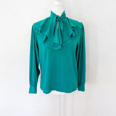 80s Ruffled Pussybow Collared Silky Long Sleeve Turquoise Blouse | Medium 