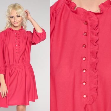80s Shirtwaist Dress Bright Pink Ruffle Mini Dress Retro Button Up Secretary High Waist Shirtdress 3/4 Sleeve Vintage 1980s Minidress Large 