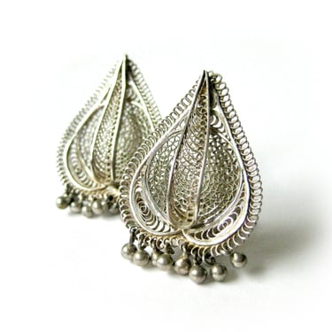 Vintage Silver Filigree Earrings, Teardrop Shaped Filigree Earrings with Dangles, Clip On Earrings, Middle Eastern Style, Mexican Style 