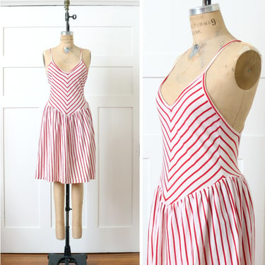 vintage 1980s early Esprit t-shirt sundress • red & white striped Plain Jane open back strappy dress 