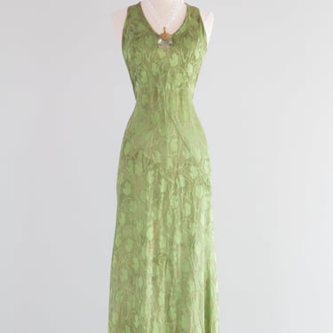 RARE 1930's Green and Gold Lame’ Backless Bias Cut Evening Gown / SM