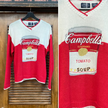 Vintage 1990’s Warhol Style Campbell’s Soup V-Neck Pop Art Knit Sweater, 90’s Vintage Clothing 