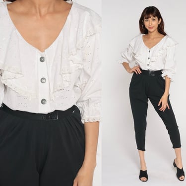 Stirrup Jumpsuit 80s 90s Eyelet Lace Peasant Jumpsuit Ruffled Tapered Pants Black White Button Up Pantsuit Vintage Long Sleeve Romper Small 