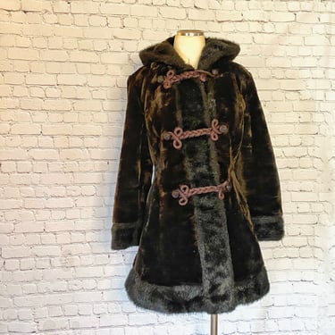 Princess Coat • Hood • Fun Faux Fur • 1970s • Brown & Black • Boho Mod • Warm Winter Jacket • Frog Closure Toggles • Davis of Boston 