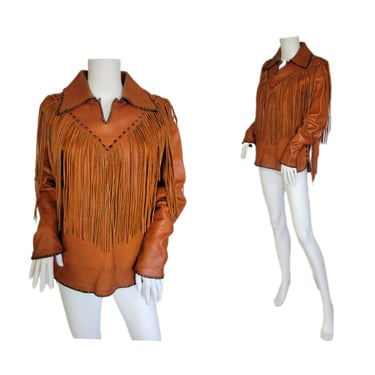 1970's Whip Stitched Brown leather Fringe Pull Over Lace Up Shirt I Sz Med I Sz 38