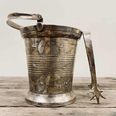 Vintage Small Metal Ice Bucket with Tongs and Handle | Vintage Brass Silver Ice Bucket | Pail with Handle | Vintage Silver Bar Serving 