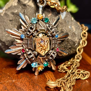Vintage Unicorn Shield Medallion Ornate Gemstones Retro Horse Pendant Necklace Gift 