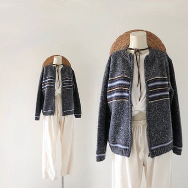 blue stripe cardigan - m - vintage 90s y2k blue zip front size medium womens long sleeve wool striped sweater 