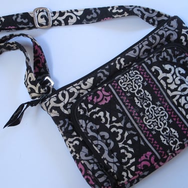 Vintage Vera Bradley Boho Batik Hand Bag Pink Black Quilted Cotton Purse Shoulder Bag Cross Body Casual Handbag Makeup Bag Camera Bag 