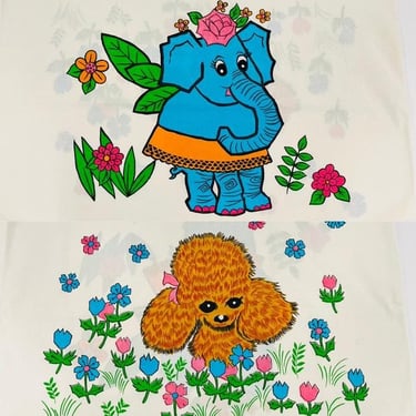 Vintage 1970s Retro Flower Power Cannon Monticello Bed Pillowcase MOD Elephant Poodle Puppy Dog 