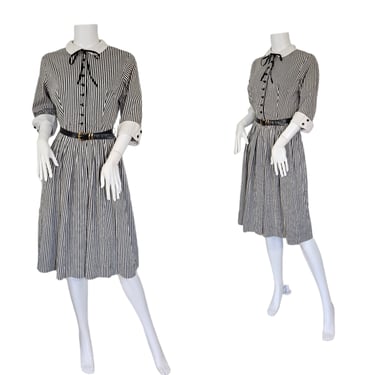 Mode O' Day 1960's Black White Striped Cotton Fit & Flare Dress I Sz Med 