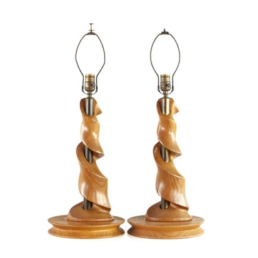 Modeline Style Sculptural Wood and Brass Lamps - Pair - mcm 