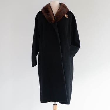 Luxurious 1950's Black Cashmere Cocoon Coat With Mink Collar From Bernard Altmann / Medium