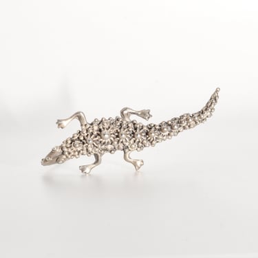 Sterling Silver Cannetille Lizard Brooch, Pebbled Silver Gecko Label Pin, Estate Jewelry, 2.25
