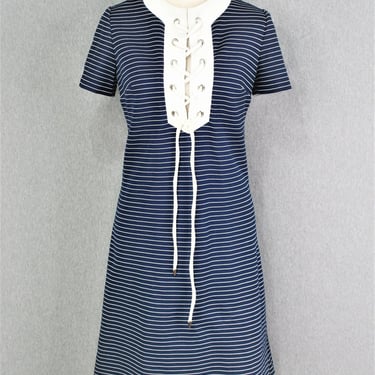 1970s - Navy Blue Stripe - Sheath - Lace-up - Estimated size L 