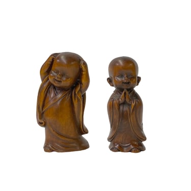 Chinese Pair Wood Carved Mini Kid Arhat Monk Lohon Figures ws3183E 