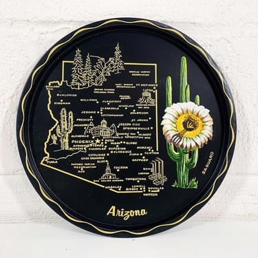 Vintage Grand Canyon National Park Metal Arizona Drink Tray Plate State Souvenir Retro Mid-Century Barware Black Saguaro Cactus 