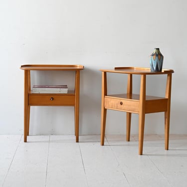 Pair of Vintage Scandinavian Birch Nightstands with Drawer and Rounded Top 