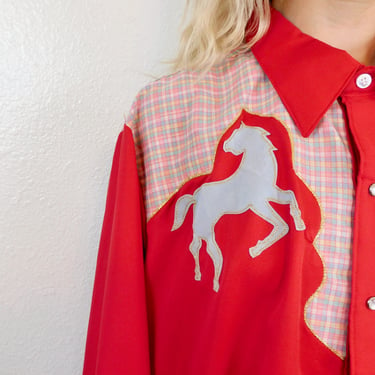 Rockmount USA Horse Shirt // vintage 70s red 1970s boho hippie t shirt dress southwestern mini dress top country western 1970s  // O/S 