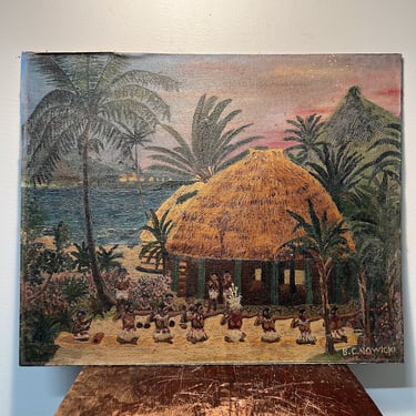 1940s Hawaiian Painting of Luau Ceremony by B.C. Nowicki - Rare Unusual Folk Art Paintings - Milwaukee Estate - Oil on Canvas Board - AS IS 
