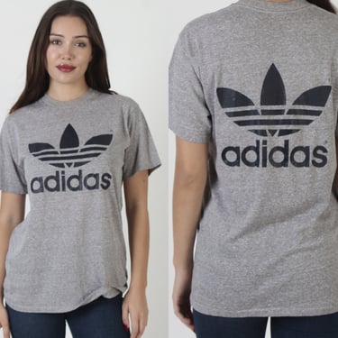 Adidas Trefoil T Shirt / 2 Double Sided Logo Tee / Vintage Soccer Track Running / Heather Grey Single Stitch Top / Large L 