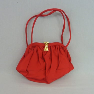 Vintage Small Red Handbag - Gold Toned Metal Hardware w/ Rhinestones - Two Small Strap Handles - JR USA Evening Party Purse Bag 