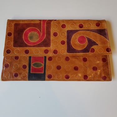 Leather Handbag, Abstract Leather Clutch, Hand Painted Embossed Purse, Vintage Handbag, Made In India, Envelope Clutch 